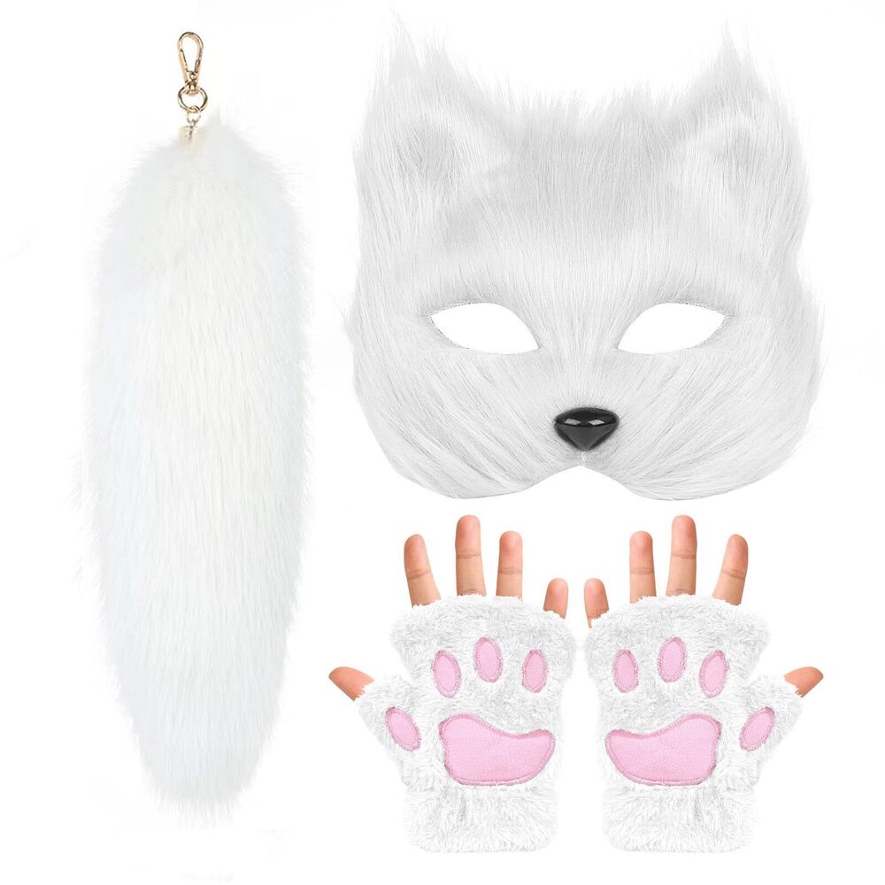 5166 Therian Mask Fox Wolf Cat Tail Paw Plush Glovess Set